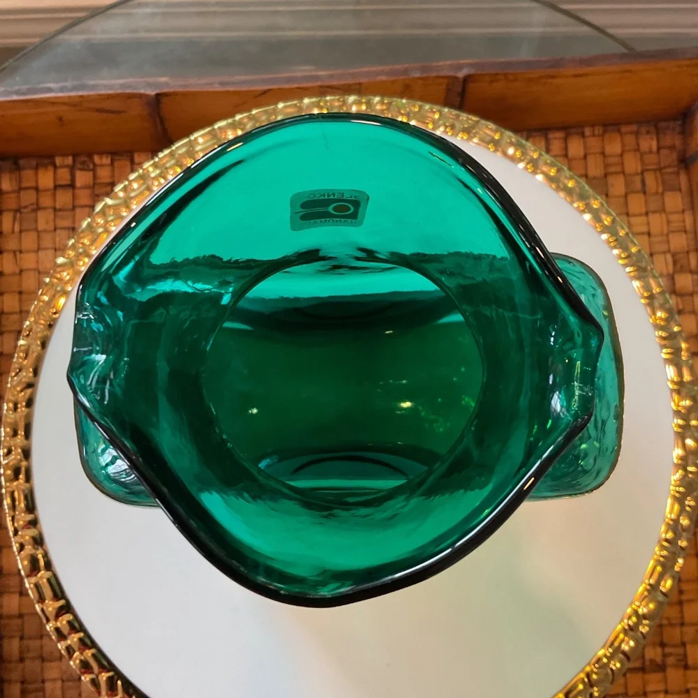 BLENKO VTG Beautiful Double Spout Green Glass Pitcher Vase